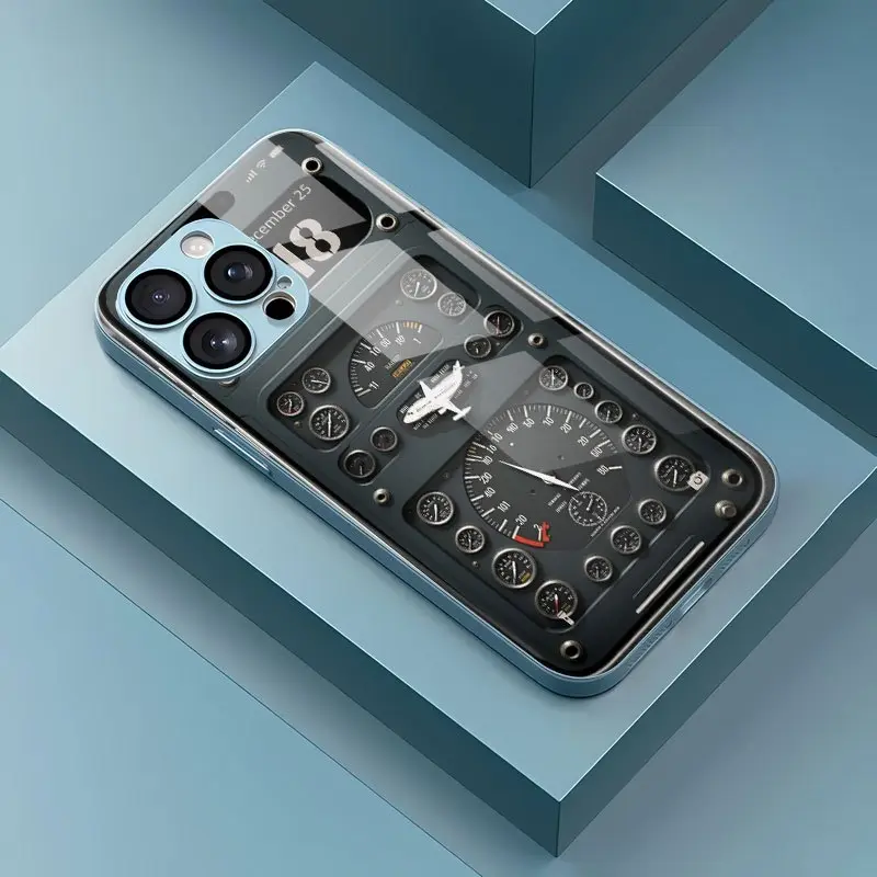 Shockproof Glass Frame Handheld Cellphone Casing - High-End Stylish Pilot Dashboard, Airplane Cockpit Indicator Design Cover for iPhone 11-17 Pro Devices, Mobile Phone Accessories