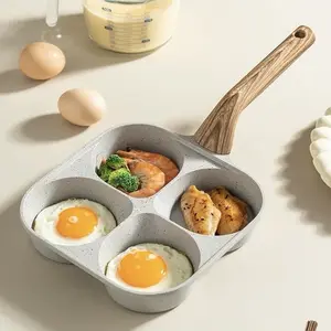 Non-stick egg frying pan, 4-hole  Pancake Pan with Wooden Handle, Granite-Style Breakfast Skillet, Small Nonstick Pan for Eggs, Omelets, Toast, Pancakes & Crepes, Easy-Clean Multifunctional Kitchen Gadget,Compact Birthday Gift Idea pan, Cookware Aluminium