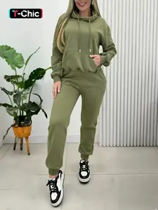 Women's Solid Color Leisure Warm Sports 2-Piece Set, Fitted Regular Length for Fall & Winter, Moderate Thickness Comfortable Fabric