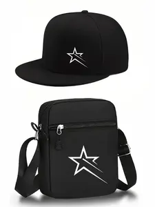 Unisex Street Style Hiphop Baseball Cap & Casual Crossbody Messenger Bag Set, Adjustable Star Print Design, Perfect for Daily Wear & Gifts