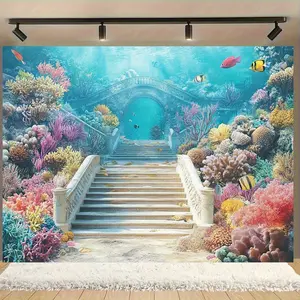 A vibrant underwater ocean background featuring colorful corals, marine life, and ancient stone steps - made of high-quality polyester fabric, perfect for photography, events, parties, and home decoration, no electricity required