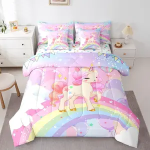 Unicorn Girls Adults Cartoon Unicorn All Season Bed in a Bag,Rainbow Pink Unicorn Comforter Set with Sheets,Kawaii Cute Stars 7 Piece Bedding Set