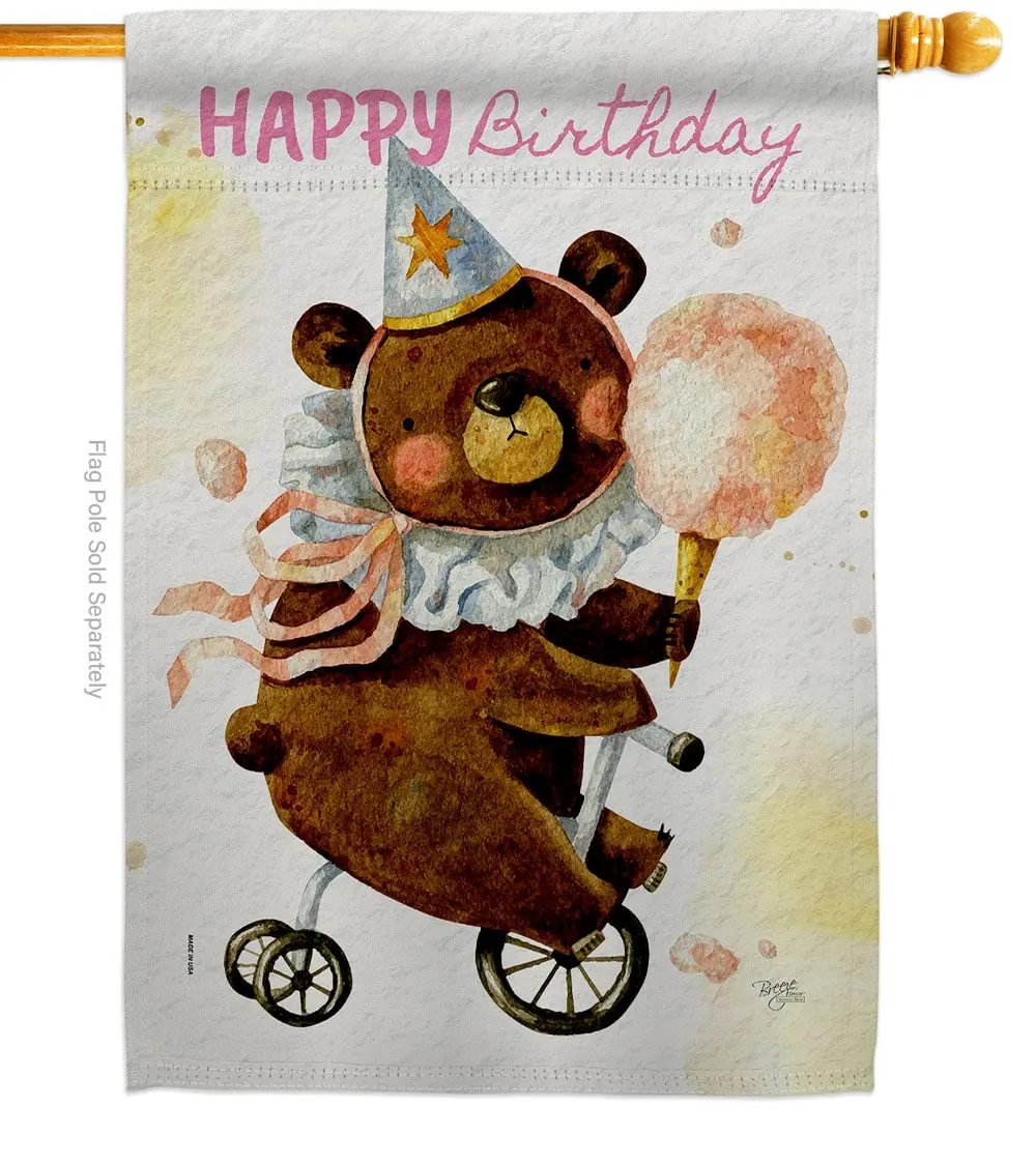 Cute Bear Birthday Celebration 28 x 40 in. Double-Sided Decorative Vertical House Flags for Decoration Banner Garden Yard Gift