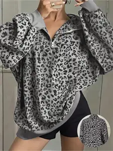 Plus Women Leopard Print Long Sleeve Casual Sweatshirt – Half-Zip V-Neck & Puff Sleeves Design, Perfect for Y2K Grunge or Casual Lazy Vibes, Soft Knit Fabric with Contrast Trim