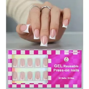 Anyos 16 Sizes Duck French Tip Press on Nails, Soft Gel Fake Nails,Reusable Nail Kit with Nail Glue Adhesive Tabs Double-sided Nail File, Short Fasle Nails 32 Pcs (Classic French)