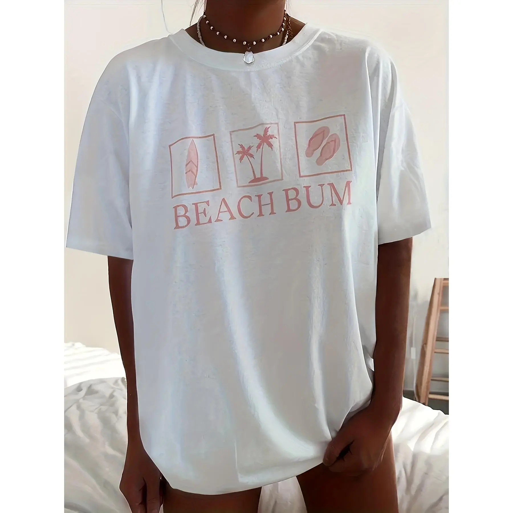 Beach Bum Graphic Print Summer Women Oversize Tshirt Casual Crew Neck Soft Comfortable Beach Vacation Daily Wear Loose Fit Cute Top