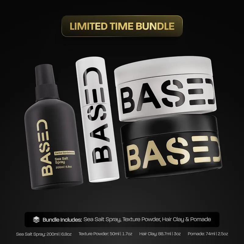 BASED Bodyworks Ultimate Straight-Wavy Hair Styling Bundle - Texture Powder, Clay, Pomade, Sea Salt - Premium Non-Toxic Beauty Hair Styling Kit