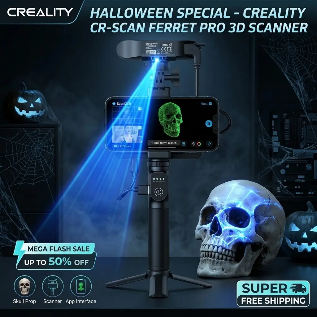 Creality Halloween CR-Scan Ferret Pro 3D Scanner with 0.1mm Accuracy, WiFi 6, Anti-Shake 3D Imaging, 24-Bit Color, Scan Black/Metal, Portable, Low Power