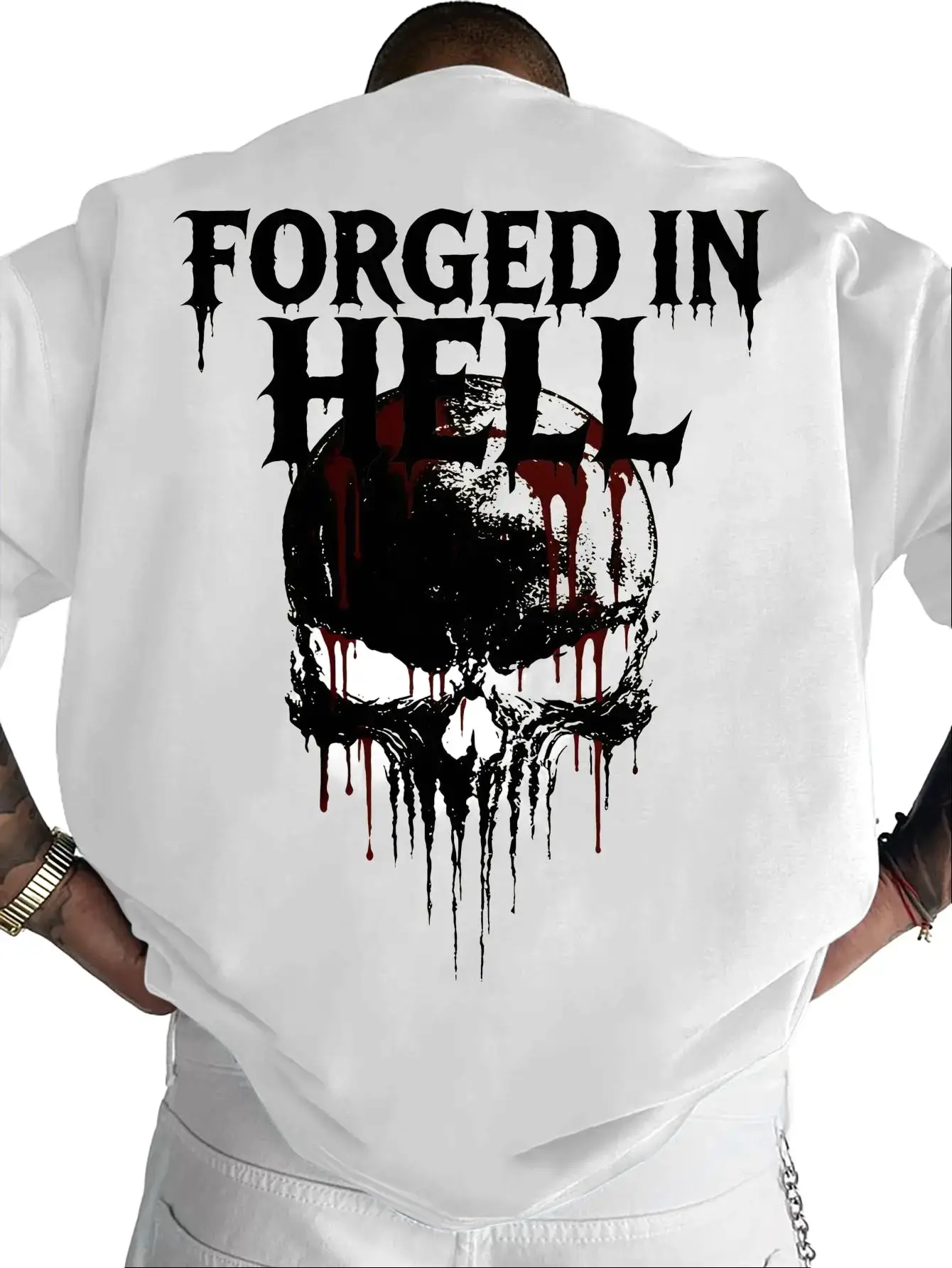 Women's Casual Crewneck T-Shirt, Vintage High Street Style, Forged in Hell Bleeding Skull Print, American Trend Design