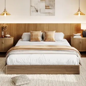 Garvee Fluted Bed Frame in Cream - Minimalist Wood Platform Bed with Low Profile Design, Noise-Free Construction, Easy Assembly, and No Box Spring Required for a Sleek Bedroom Look