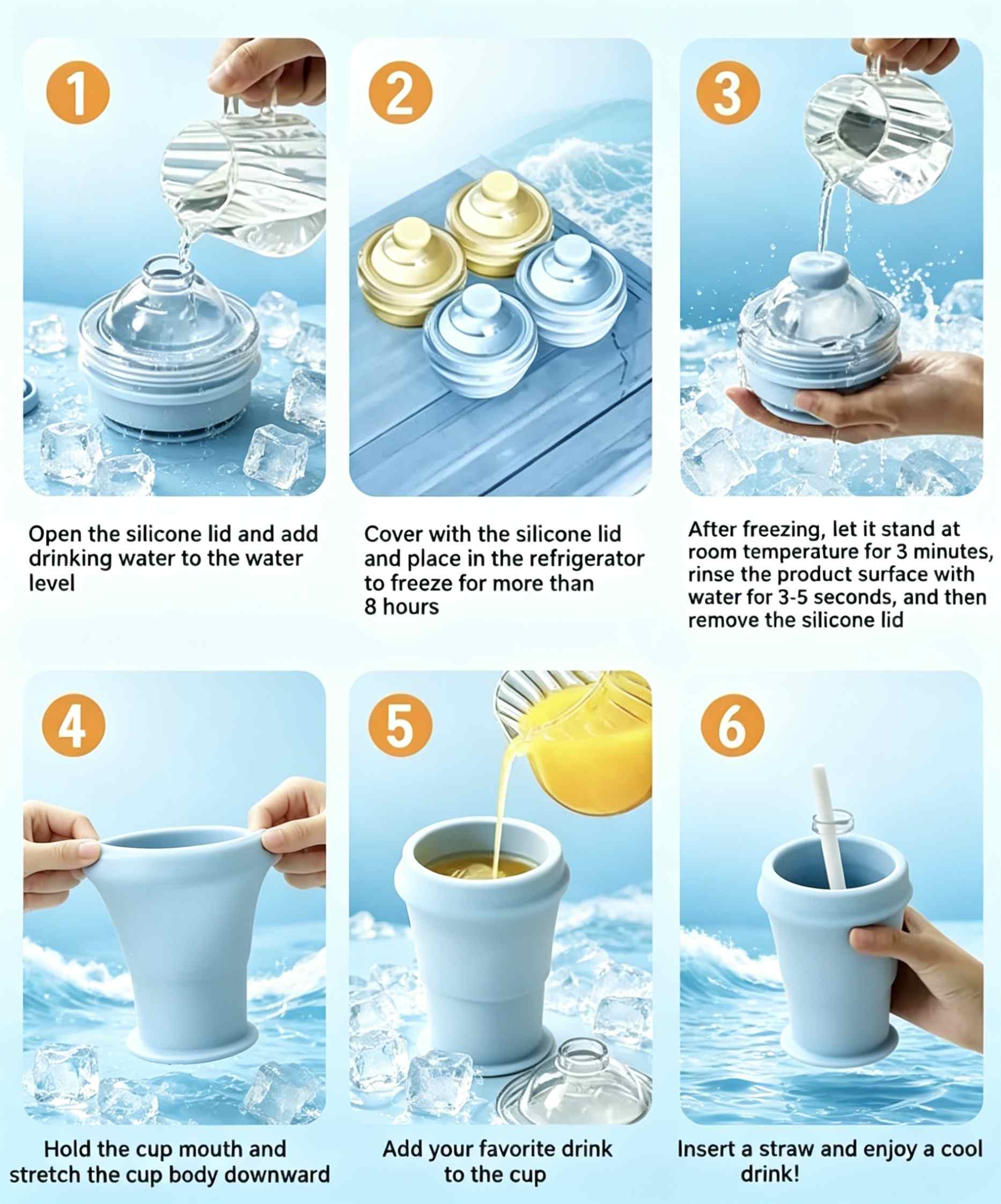 Portable foldable silicone cup with built-in straw, reusable and lightweight. Heat-resistant, easy to clean and store, great for travel, hiking, camping, office and daily outdoor use.