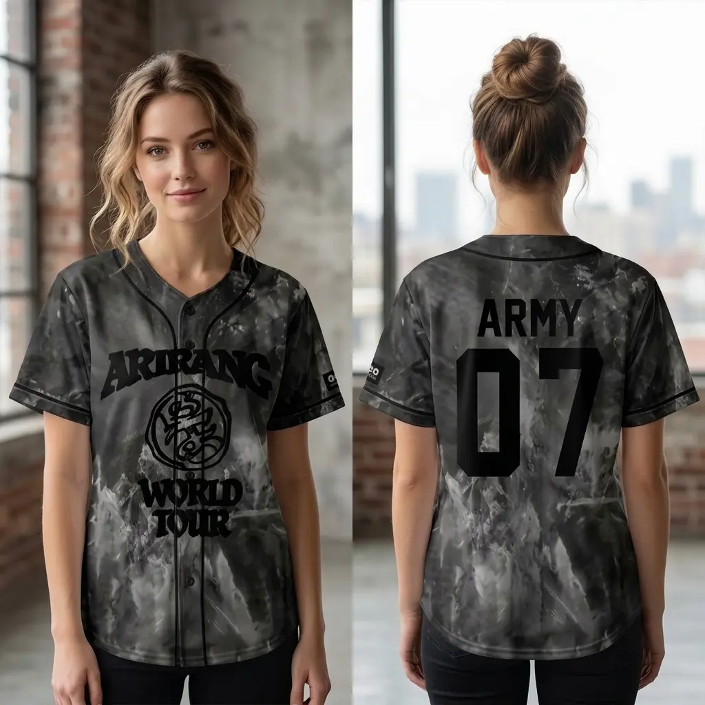 Custom Members Bangtan Army Baseball Jersey, Personalized K-pop ARIRANG World Tour Black Marble Smoke ARMY Logo Member Name Number, Perfect Gift for ARMY