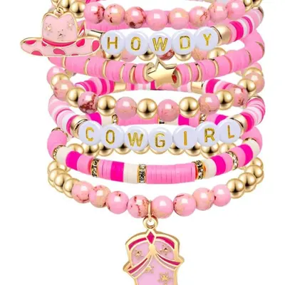 Elastic Cowgirl Charm Bracelets 8 Pc Western Cowgirl Beaded Bracelet Set - Stretch Stackable Bohemian Jewelry For Women & Teens Western Party Bracelet Set