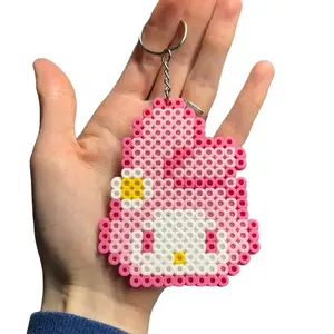 Perler Bead My Melody Character Keychain with Colorful Beads and Simple Design
