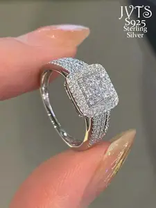 S925 Sterling Silver Fashionable Square Shaped Cubic Zirconia Statement Ring, Luxury for Women, Trendy All-match & Exquisite Jewelry for Birthday Gift