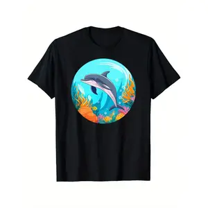 Men's Short Sleeve T-Shirt - 100% Pure Cotton 200g Fabric, Vibrant Dolphin and Coral Reef Pattern Print, Regular Fit Casual Top, Commuting Casual Wear, Sizes S-XXXXL, Ocean Theme Clothing, Machine Washable Shirt, Weekend Style, Breathable Material