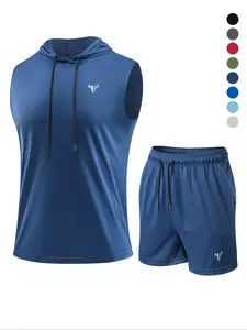 Men's Hooded Tank Top & Drawstring Waist Shorts Set, Casual Sporty Breathable Two-piece Outfits for Gym Athletic Clothes, Men's Sportswear Set for Summer