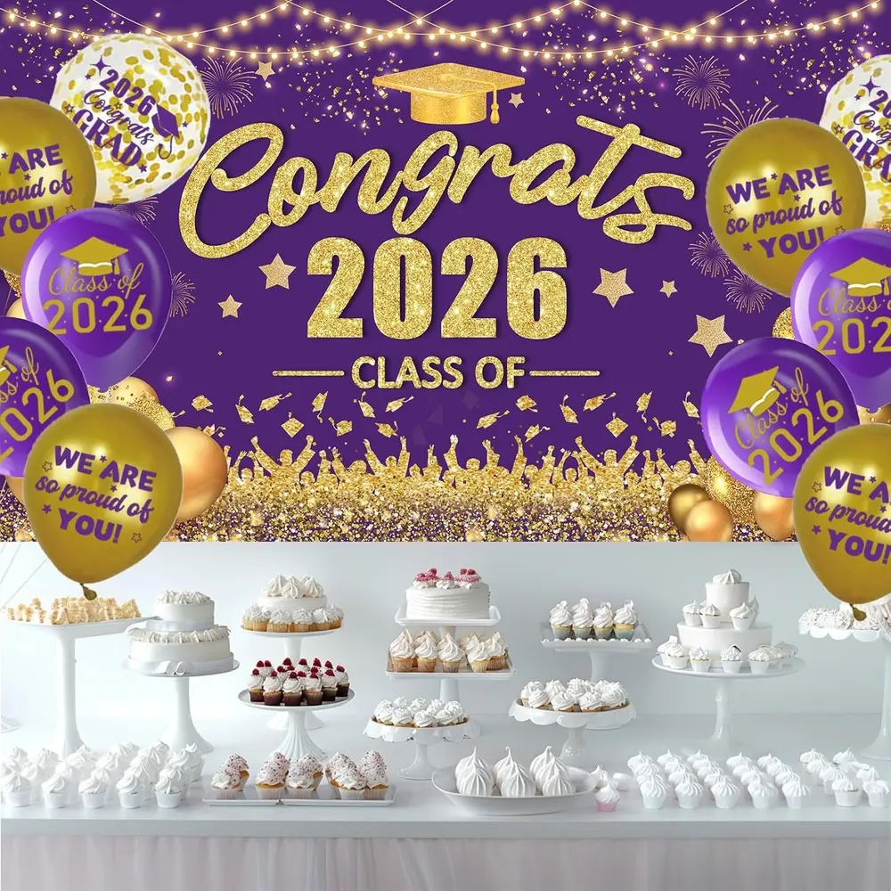 Purple and Golden Graduation Decorations Class of 2026 Banner with 18pcs Grad Balloons Set - Large Congrats Grad 2026 Graduation Backdrop Decor, Purple Graduate Balloons Grad Party Decorations