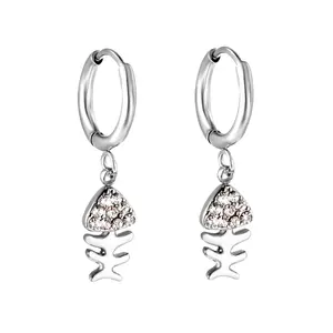Crystal Fishbone Dangling Huggie Hoop Earrings - Pair - 304 Stainless Steel