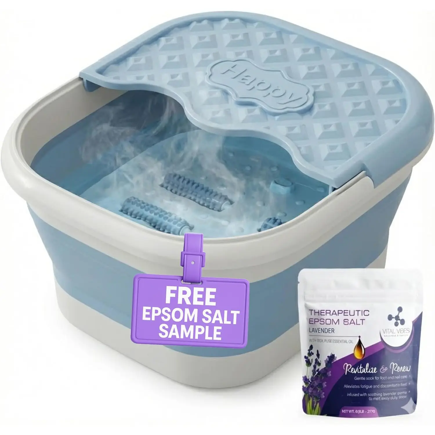 Vital Vibes Collapsible Foot Spa Bath Massager – Large Foot Soaking Tub with Heat Cover & Rollers – Pedicure Kit for Callus Removal, Pain Relief & Soaking – Includes Epsom Salt