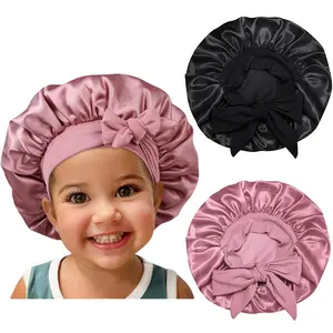 Satin Silk Bonnet Hair Cap: 2pcs Bonnets for Kids with Elastic Tie Band Adjustable Straps for Sleeping Sleep Comfortable - Stretchy Tie Band Hair Bonnets No Slip-Off (Black-Rosegold-K)