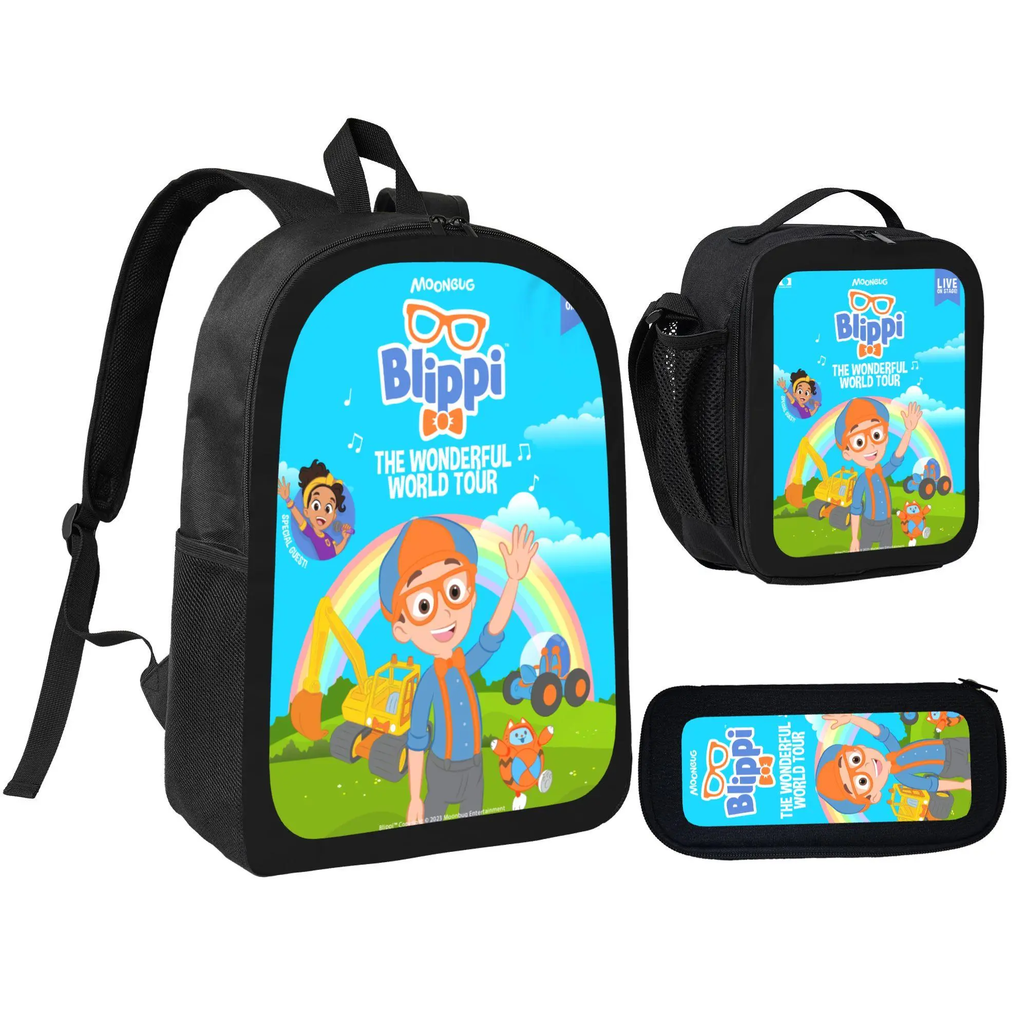 3Pcs Backpack Set Blippi The Wonderful World Tour Cartoon With Lunch Bag Pencil Pouch School Bag For Kids Boys Girls Students