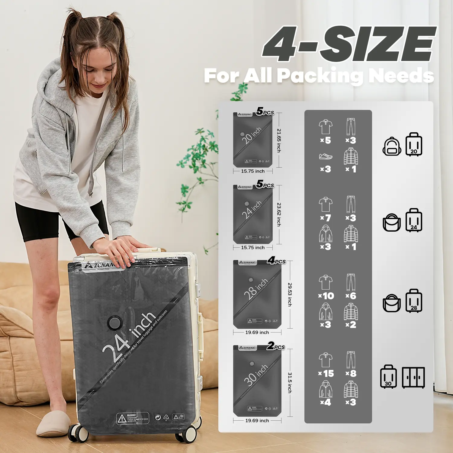 Z ZONAMA Travel Vacuum Storage Bags with Wireless Rechargeable Pump, Space Saver Compression Bags for Luggage, Clothes & Home Storage