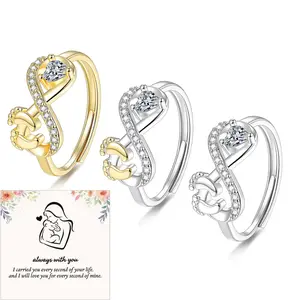 Zircon Heart Baby Footprint Infinity Love Ring Mothers Day Jewelry Gift With Card