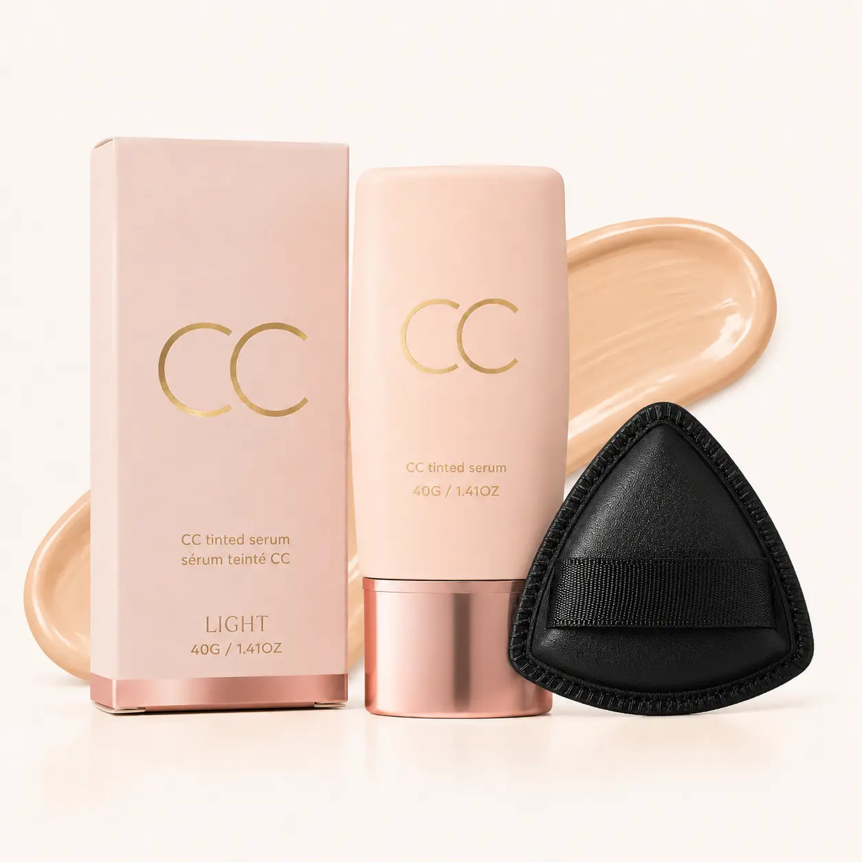 CC Tinted Serum & Triangle Makeup Puff Cosmetic Set, 40g Lightweight Skin Tint Foundation for Light-Medium Skin Tones, Buildable Coverage, Smooth Natural Flawless Finish