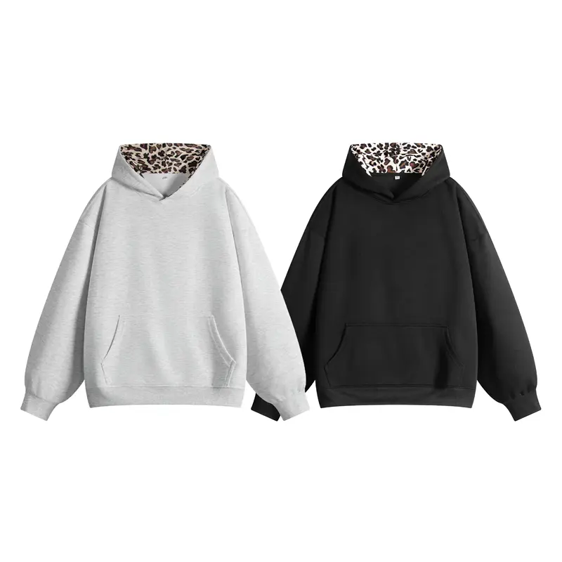 Men's Fitted Bold Leopard Splice Pullover Hoodie - Long Sleeves Drop Shoulder, Black White Plain, Easy Wear Casual Everyday Boldness Menswear Top to Match Jeans