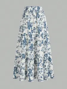 Vintage Floral Print Elastic Waist Pleated Hem A-Line Skirt, Women's Casual Fashion Dress, Comfortable & Stylish Design, Bohemian, Womenswear, Boho