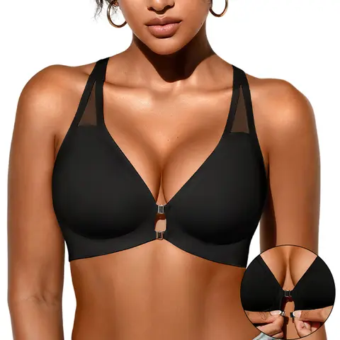 Deangelmon Women's Magnetic Front Closure Jelly Bra - Wire-Free, Seamless, Soft Breathable Fabric, Y-Back Racerback, V-Neck, V-Back for Everyday Wear (Black)
