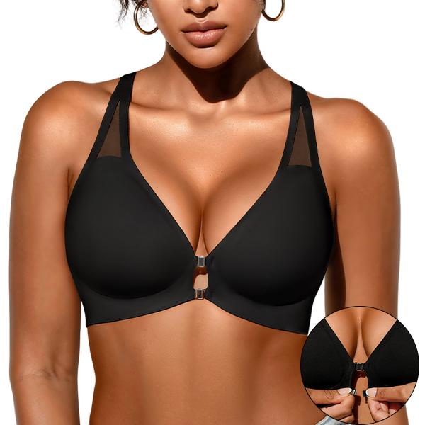 Deangelmon Women's Magnetic Front Closure Jelly Bra - Wire-Free, Seamless, Soft Breathable Fabric, Y-Back Racerback, V-Neck, V-Back for Everyday Wear (Black)