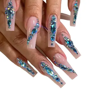 IMRAIN Press on Nails Long Square Fake Nails with Blue Rhinestone Designs Nude Acrylic Gel Full Cover Glue on Nails 24Pcs Handmade False Nails for Women Manicure