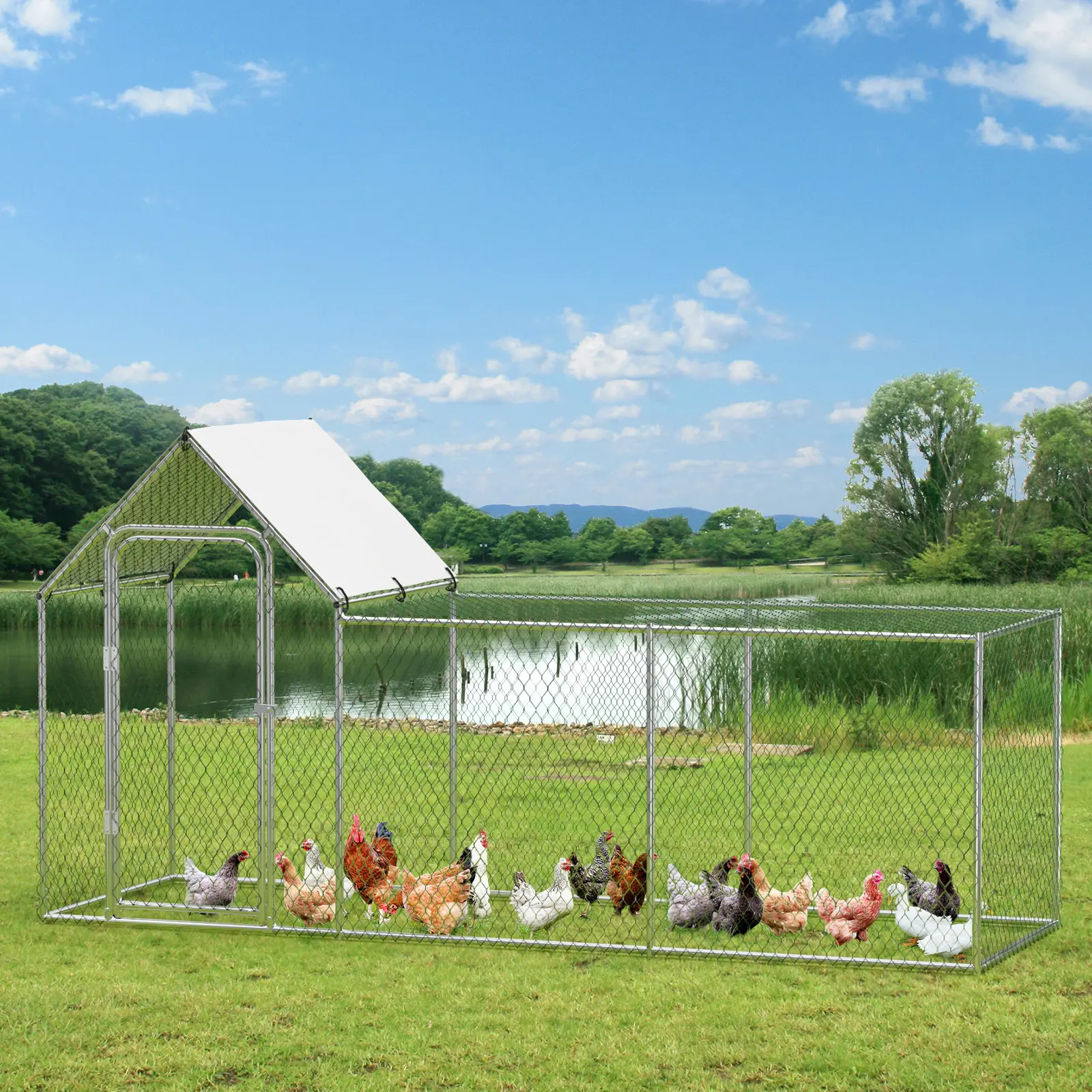 YJ-Garvee Outdoor Poultry Cage,Heavy Duty Metal Walk-In Chicken Coop–Secure Lockable Door,, Large Metal Chicken Run,Fox-Proof Wire Mesh,Waterproof UV Cover