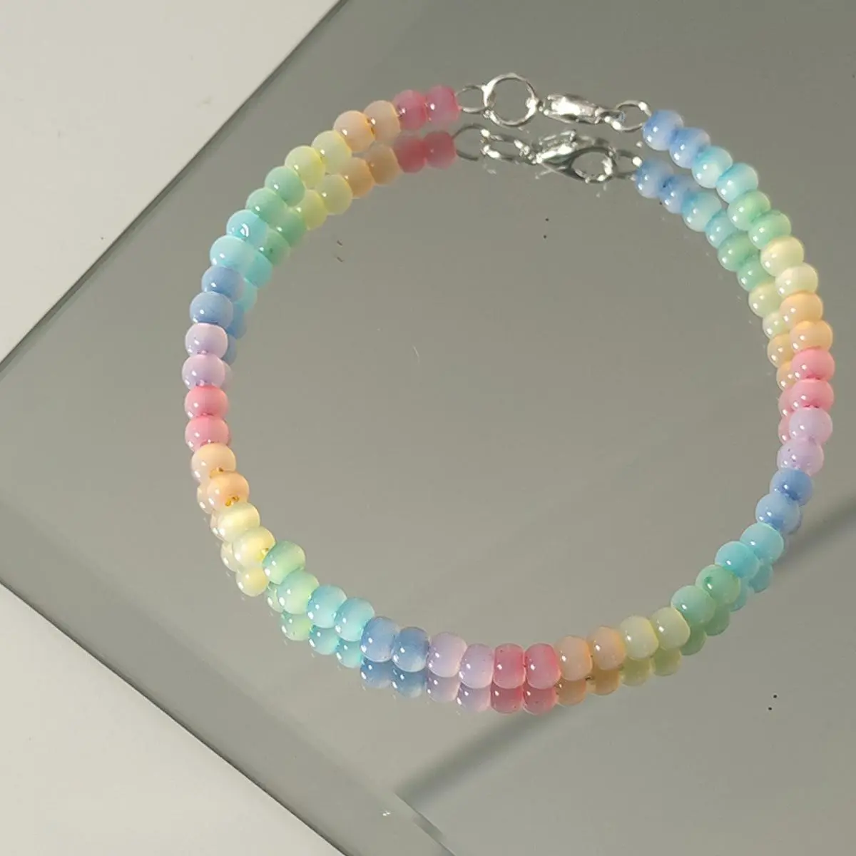 Rainbow Colors Sweet Cute Beads Bracelet Girl Korean Simple Design Cat's Eye Stone Bangle Bohemian Style Women Jewelry Gifts