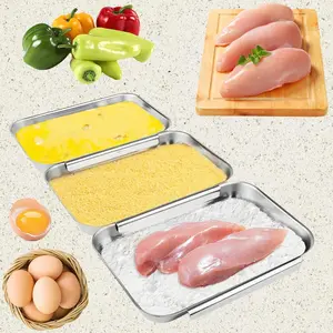 3-Piece Stainless Steel Breading Set – Interlocking Coating Trays for Chicken, Fish, Meat |   Non-Slip, Dishwasher Safe, Oven Safe |   Stackable Space-Saving Design for Flour, Egg (M-8.6" x 5.8")
