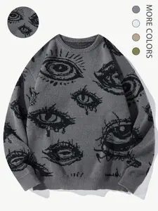 Men's Eye Print Round Neck Sweater, Regular Fit Casual Long Sleeve Crew Neck Jumper for Fall & Winter, Fall Sweaters, Fashion Men's Knitwear for Daily Wear Graphic Sweater, Knitted Outfit, Knit Pullover