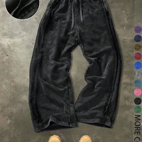 Men's Streetwear Cotton Joggers, Loose Fit Elastic Waist Casual Comfy Drawstring Plain Knit Pants, Casual Fashion Trousers, Casual Sporty Trousers, Washed Fabric with Vintage Details, Casual Fashion for Daily Wear, Loose Casual Bottoms, Menswear