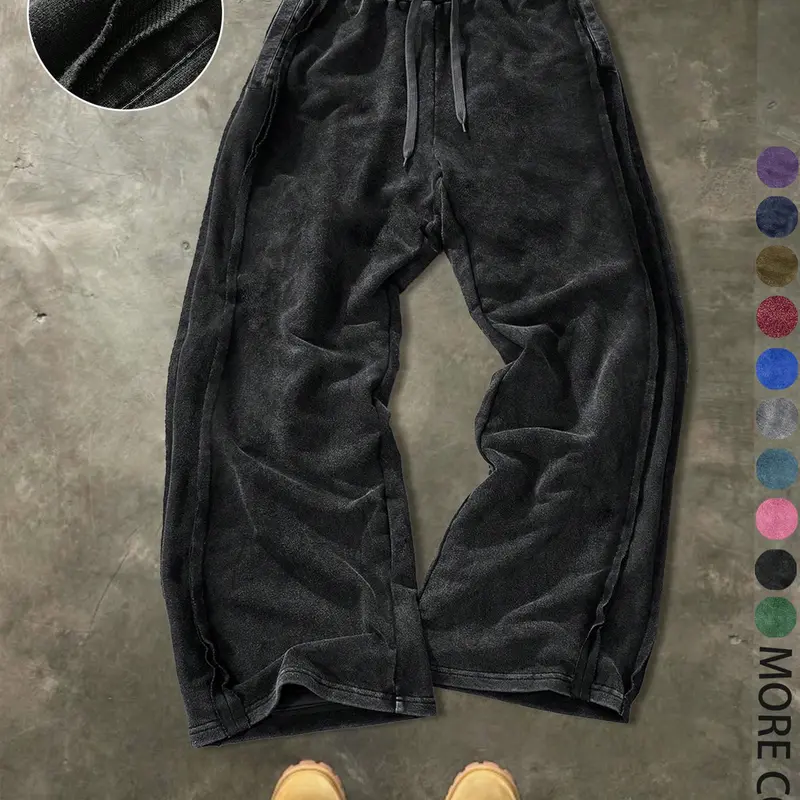 Men's Streetwear Cotton Joggers, Loose Fit Elastic Waist Casual Comfy Drawstring Plain Knit Pants, Casual Fashion Trousers, Casual Sporty Trousers, Washed Fabric with Vintage Details, Casual Fashion for Daily Wear, Loose Casual Bottoms, Menswear