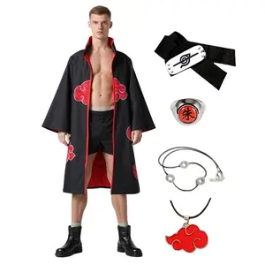 Men Anime Akatsuki Cosplay Costume Red Cloud Robe with Headband Necklace Ring Naru Outfit Children's Party Performance Costumes