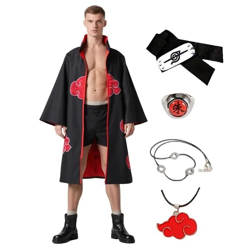 Men Anime Akatsuki Cosplay Costume Red Cloud Robe with Headband Necklace Ring Naru Outfit Children's Party Performance Costumes
