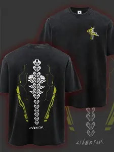 Men' Heavyweight Anime T-Shirt - Cyberpunk Style Double-Sided Cyberpunnkks & Print, Soft Washed Retro Aesthetic Short Sleeve Round Neck Tee for Conventions, Casual Streetwear - Ideal Gift for Anime Fans (Large Size Available)
