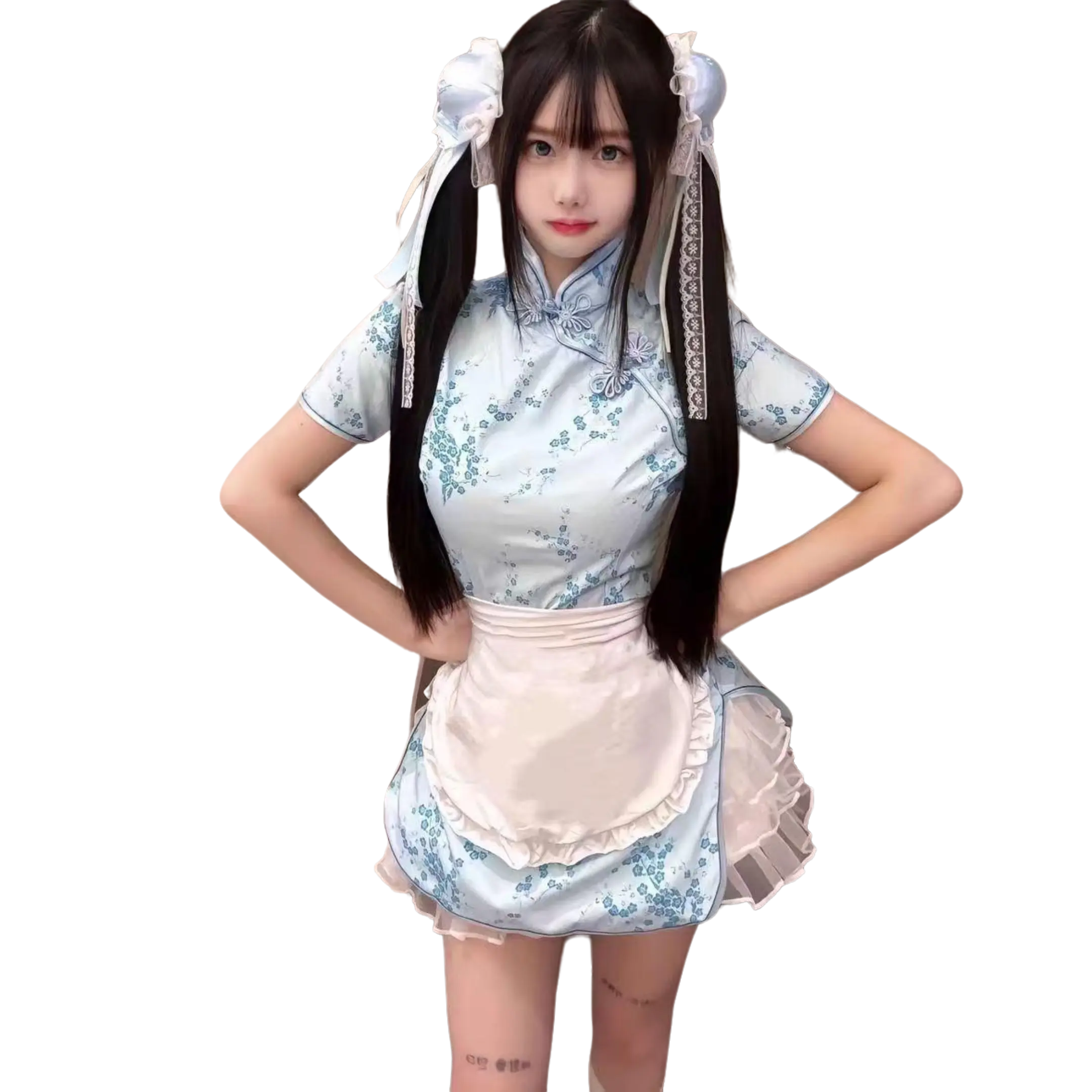 Women's Chinese Style Floral Qipao Casual Dress - Ruffle Apron Detail, Traditional, Elegant Clothes