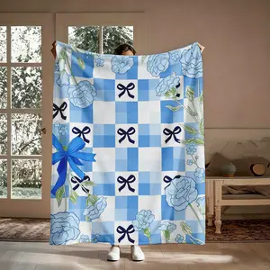 Blue Bow Floral Checkered Flannel Throw Blanket - Lightweight, Breathable, Coquette Aesthetic - Thoughtful Gift for Flower Lovers - Ideal for Home Use, Blankets for Bedroom, Throw Blankets