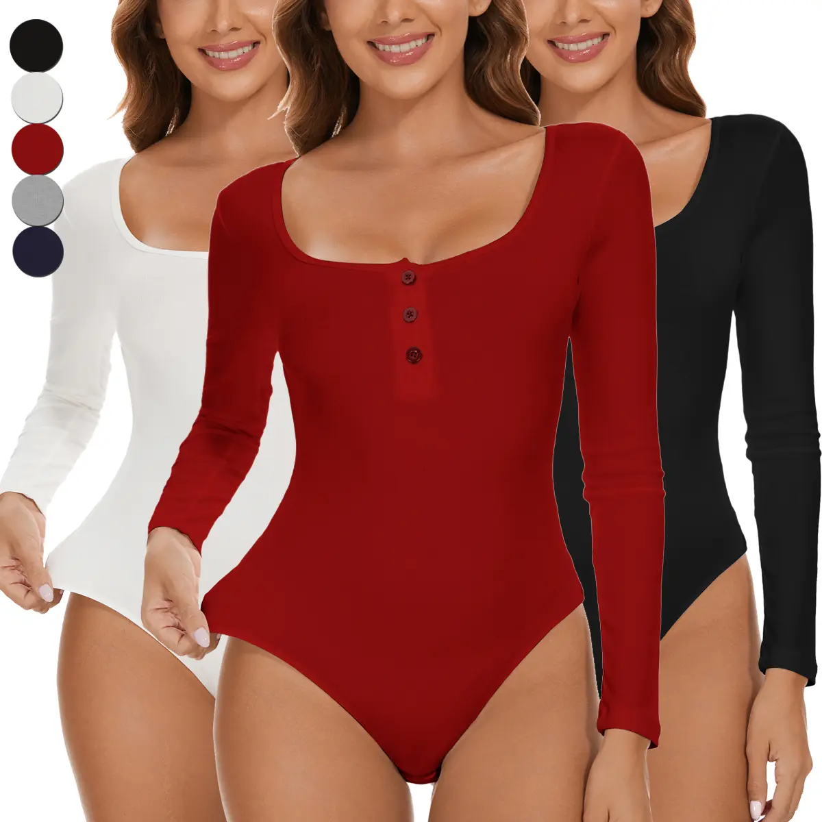 Women's Henley Bodysuit, Solid Long Sleeve Lightweight Viscose with Snap Crotch for Fall Thanksgiving Outfits, Button, Turtle Neck, Valentines Day, Daily