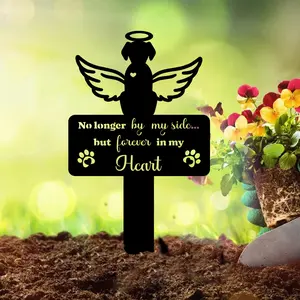Dog Memorial Garden Stake, Metal Pet Grave Marker with Angel Wings, No Longer by My Side Forever in My Heart, Loss of Dog Sympathy Gift, Outdoor Cemetery Yard Decor