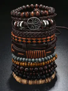 12-Piece Retro Casual Men's PU Leather Tree of Life Beaded Bracelets Set, Leather Braided Bracelet, Beaded Jewelry for Everyday Wear, Unisex Gift for Boyfriend