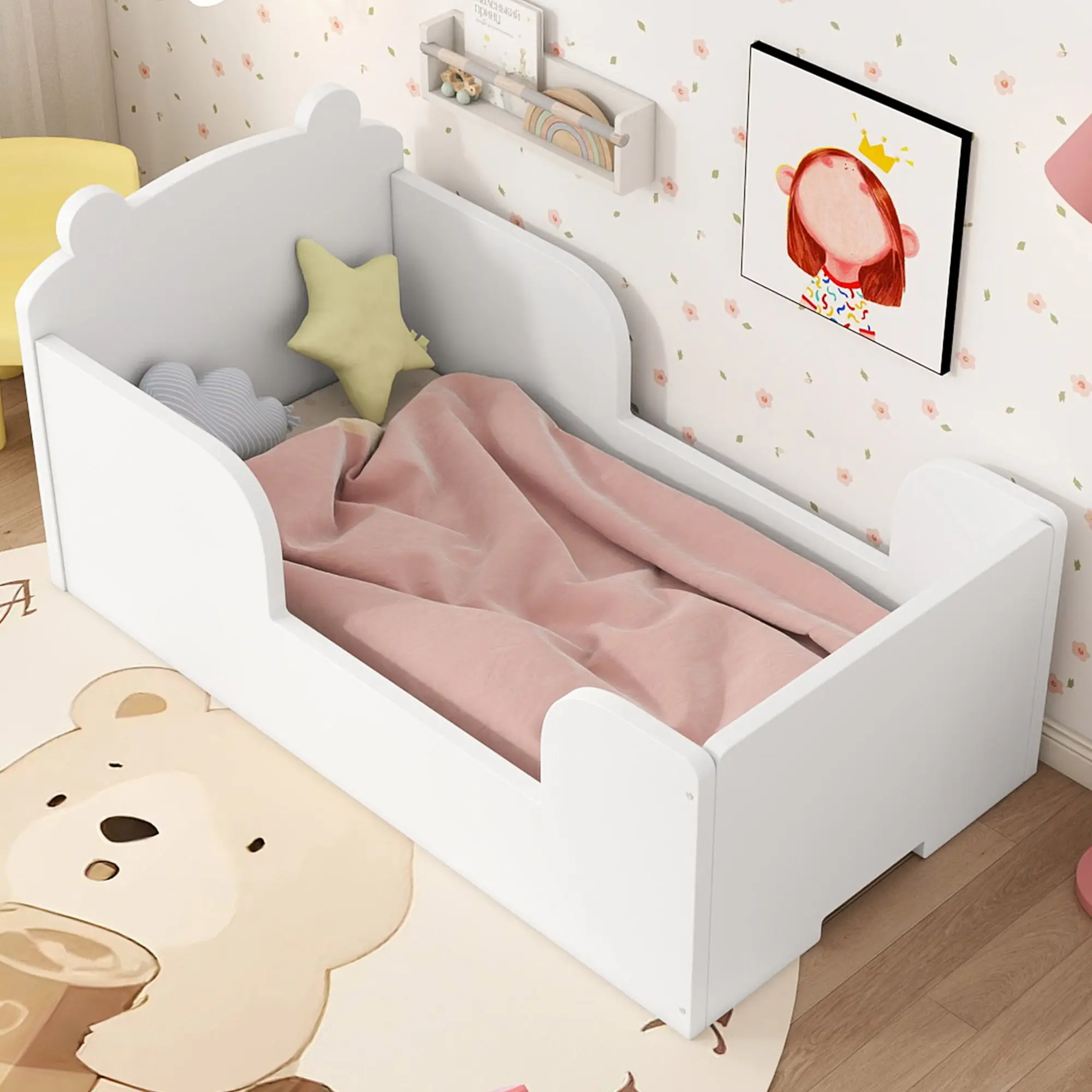 Toddler Floor Bed Frame, Cot Bed for Boys and Girls Ages 3-6, Bear Shape Toddler Bed