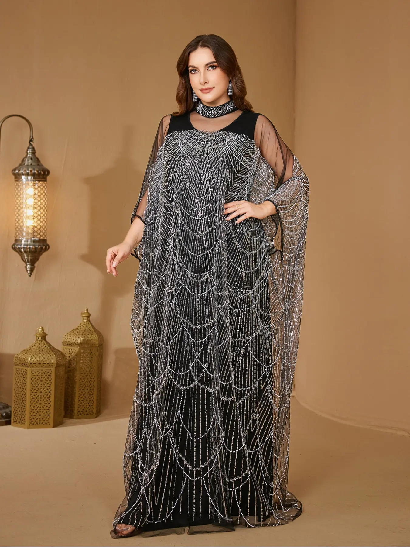 Plus Size Elegant Fit Long Sleeve Formal Wear Evening Dress, Reversible Beaded Sequins Embroidery Woven Mesh Fabric, Stand Collar Maxi Gown for Women Lady Womenswear